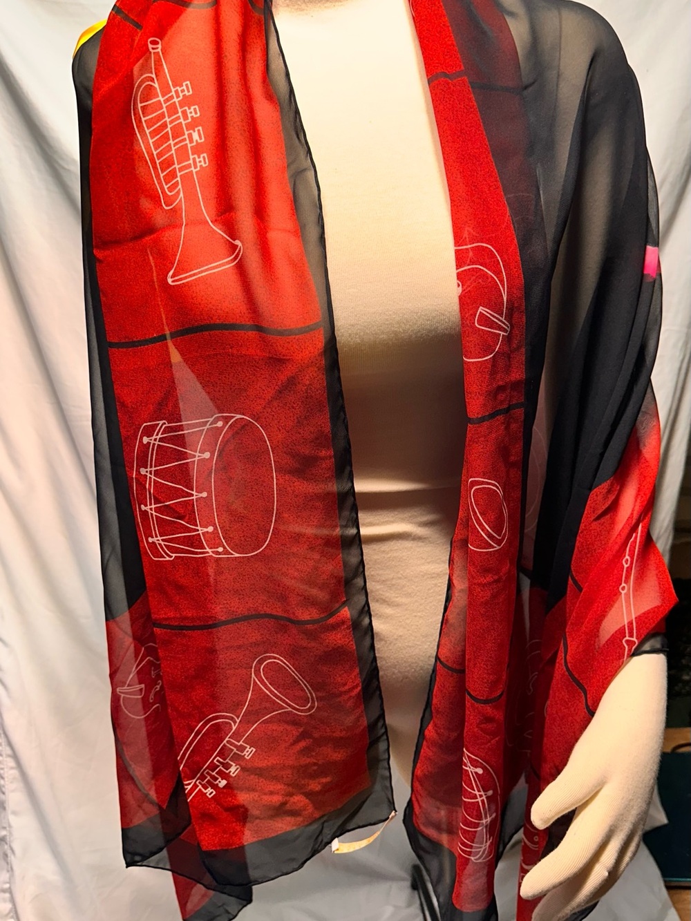 Bvlgari Red and Black Musical Instruments Graphic 100% Silk Light Weight  Scarf